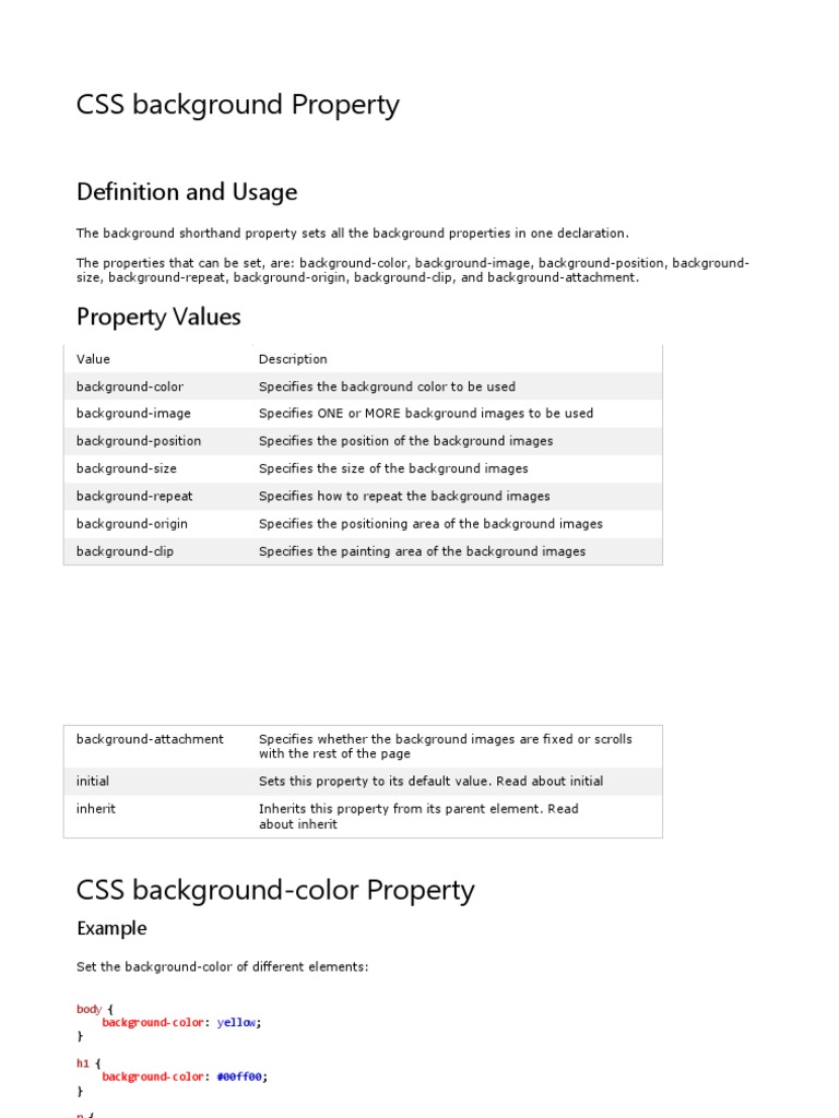 CSS Background Property: Definition and Usage | PDF | Cascading Style ...