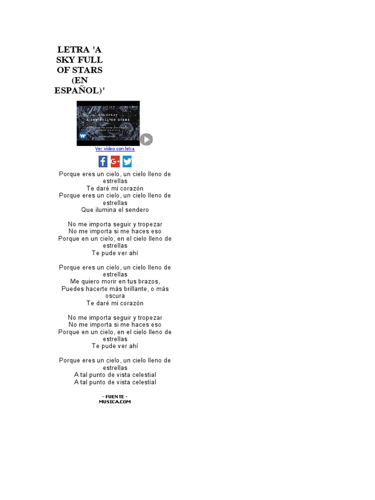 A Sky Full Of Stars Paroles Letra 'a Sky Full of Stars Coldplay