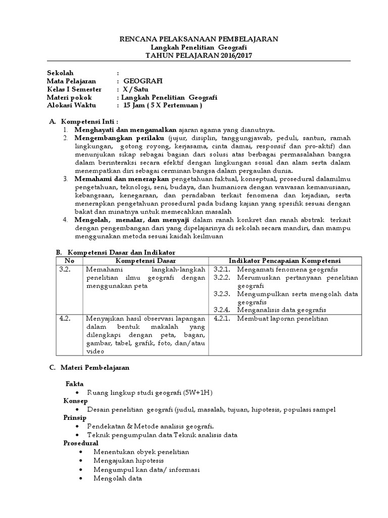 Rpp Kelas X 3 3 4 4 Langkah Langkah Penelitian Geografi