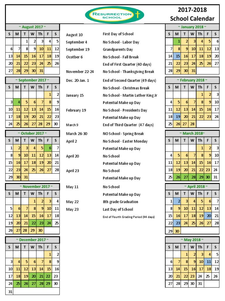 20172018 Resurrection School Calendar Holidays Observances