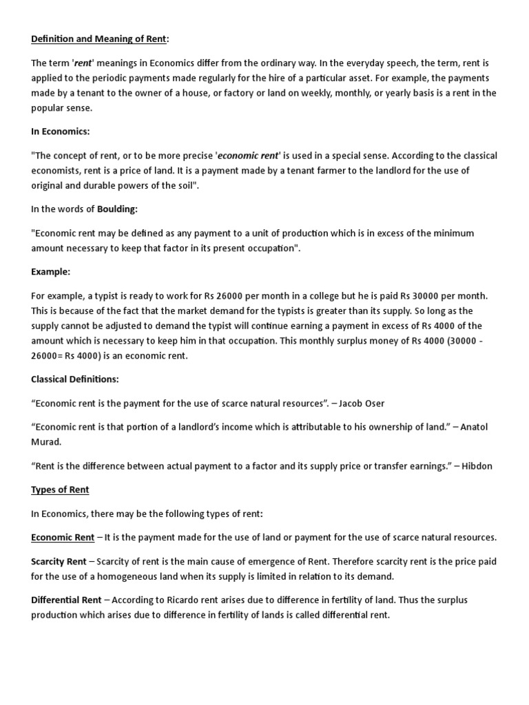 types of rent leasehold estate factors of production