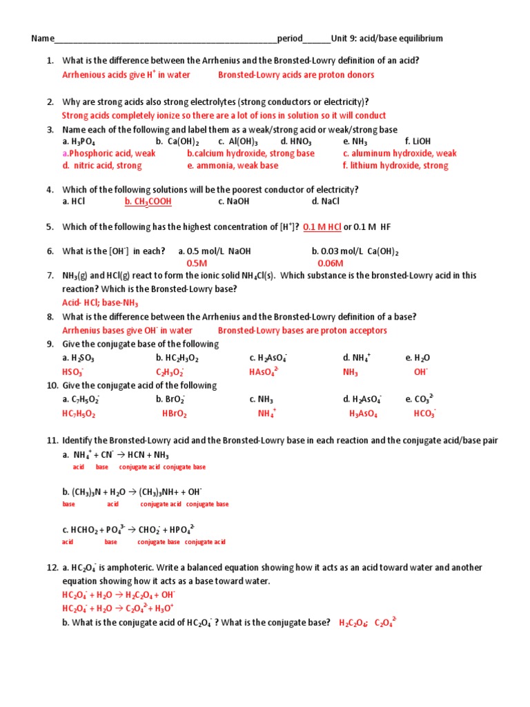 AP Unit9 Worksheet Answers | Buffer Solution | Acid