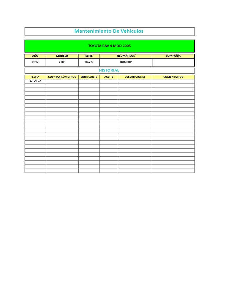 Plantilla De Excel Para Mantenimiento De Vehiculos