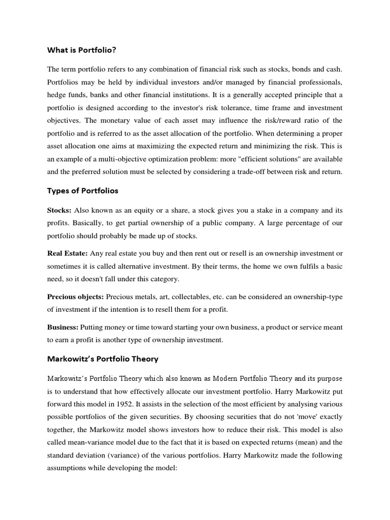 Portfolio Theory PDF Modern Portfolio Theory Portfolio (Finance)
