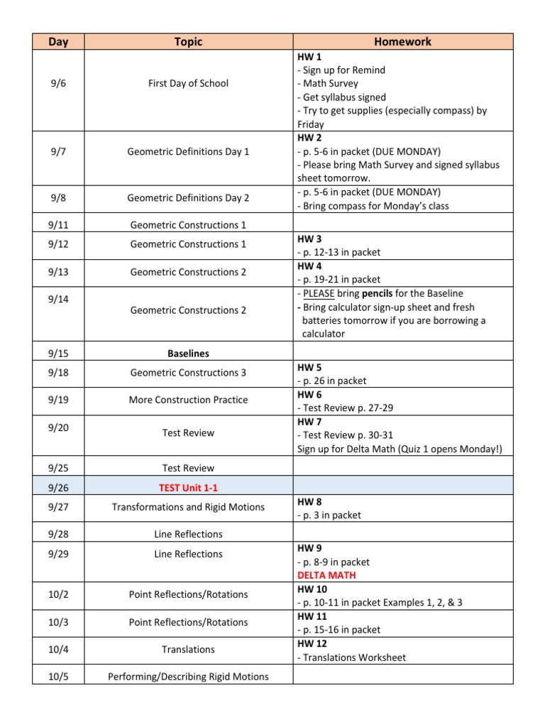 Geometry Class Homework Schedule | PDF | Geometry | Functions And Mappings