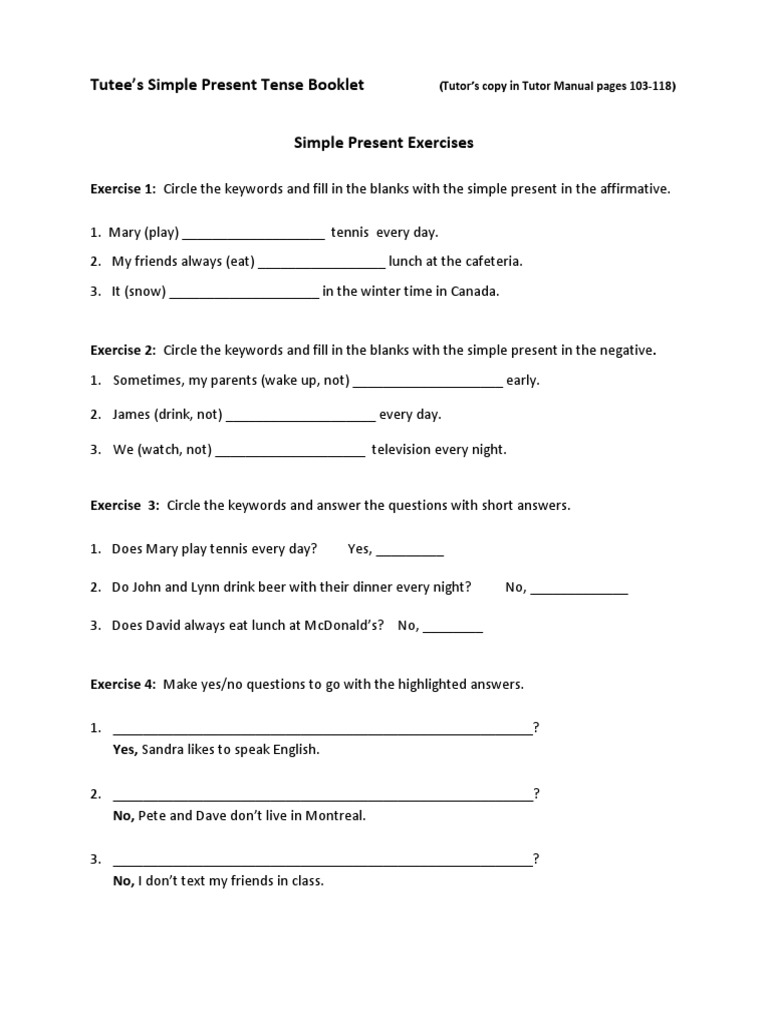 Simple Present Tense Exercises Guide | PDF | Question | Grammar