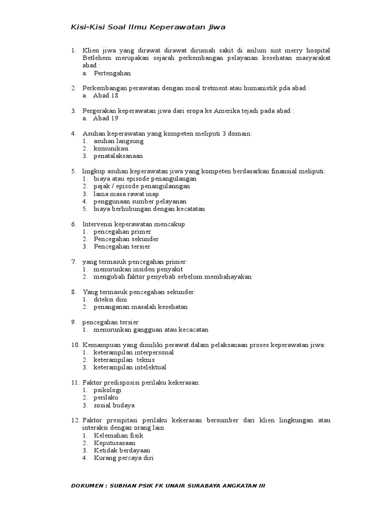 Kisi Kisi Soal Ilmu Keperawatan Jiwa Doc