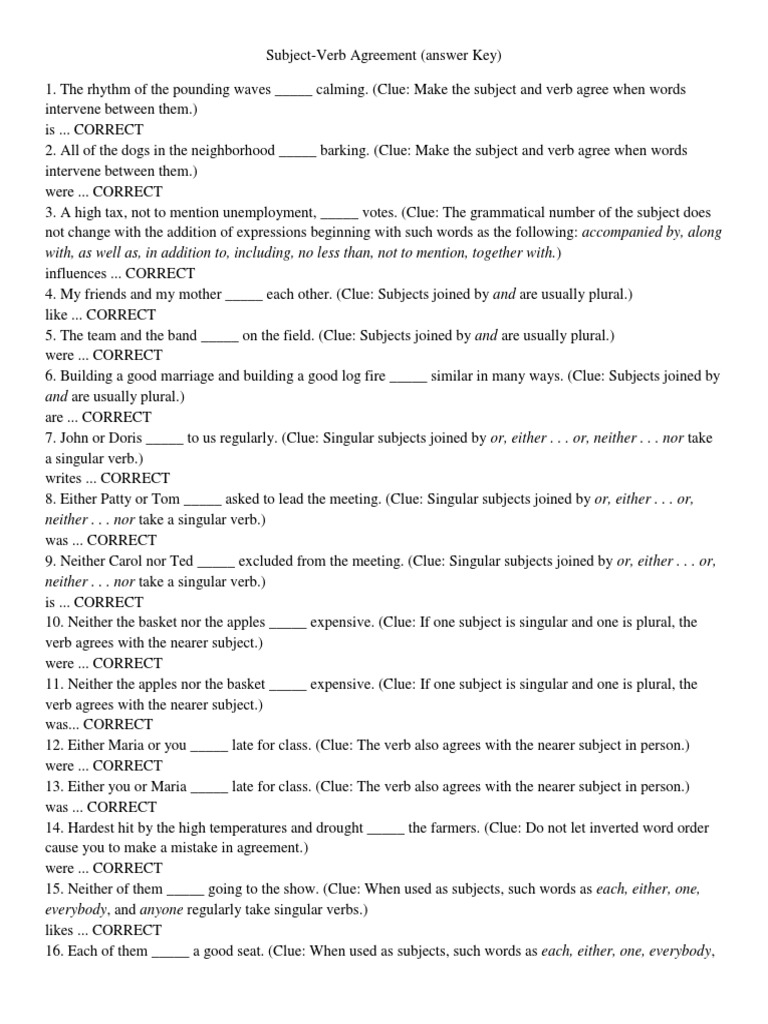 Subject Verb Agreement All Answer Key Grammatical Number Plural