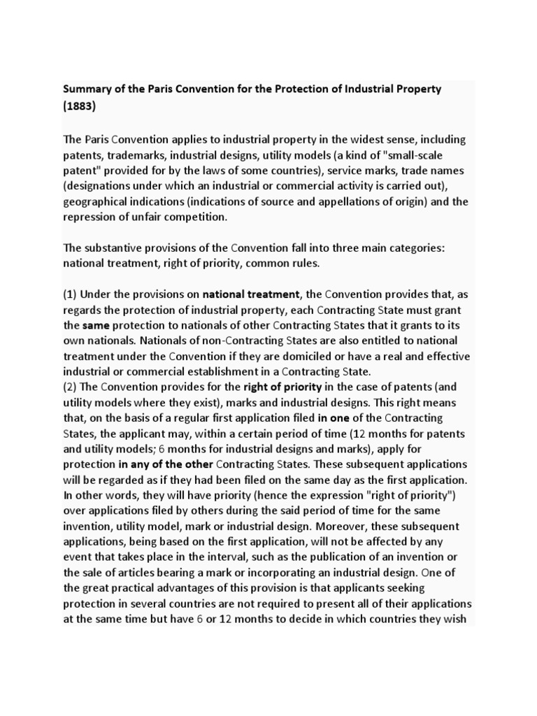 Picture of Summary of The Paris Convention For The Protection of Industrial ...