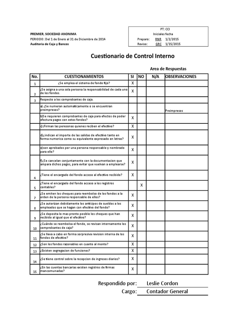 Cuestionario de Control Interno | Descargar gratis PDF | Bancos | Cheque