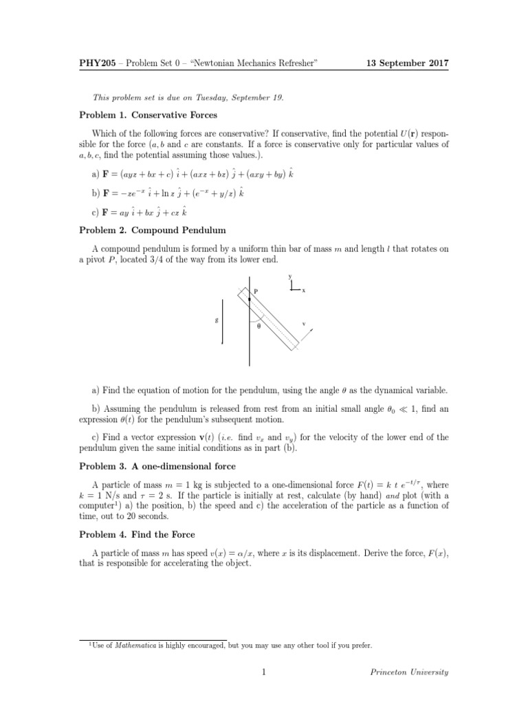 PHY205 Problem Set 0 | PDF | Equations Of Motion | Force