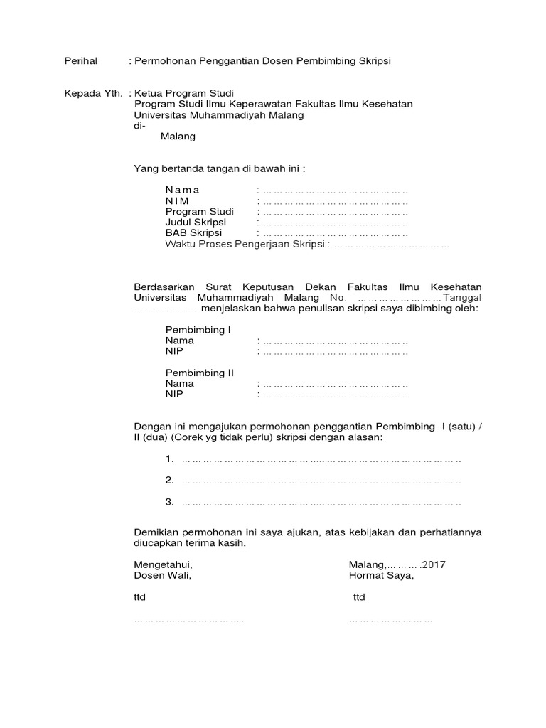 09 Surat Permohonan Pengganti Dosen Pembimbing Skripsi 2017 Pdf