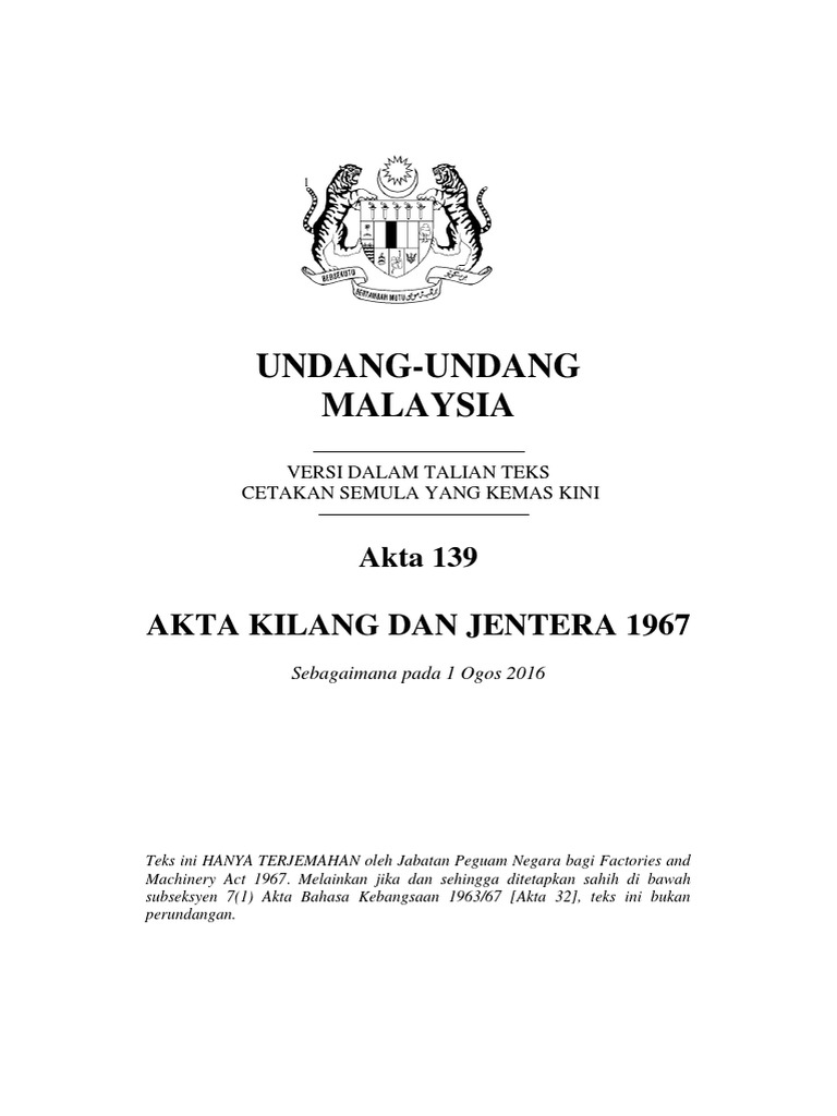 Akta Kilang Dan Jentera 1967 Akta 139