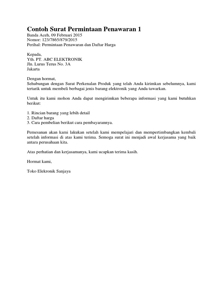 Contoh Surat Permintaan Penawaran