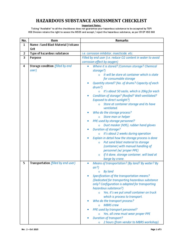 Hazardous Substance Assessment Checklist Rev 31 PDF Chemical