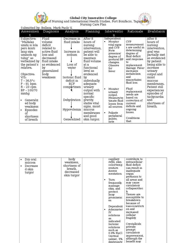 Nursing Care Plan for Electrolyte Imbalance | PDF | Dehydration ...