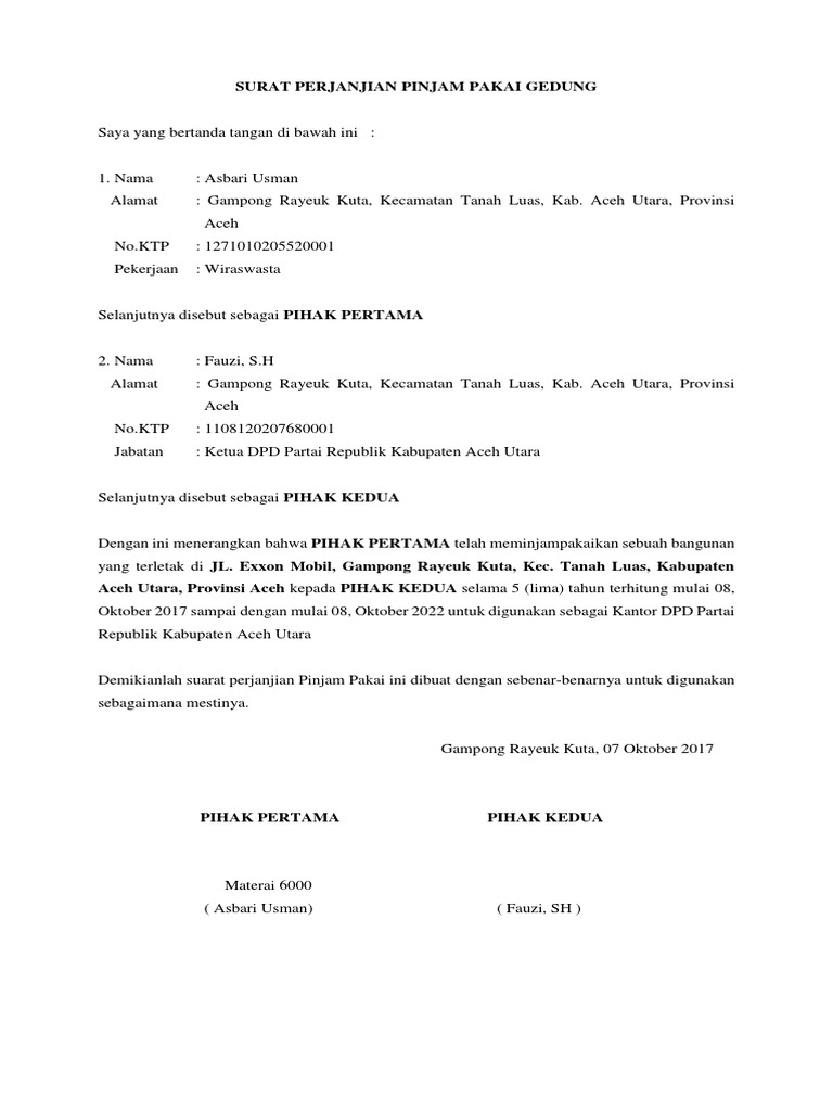 Surat Perjanjian Jam Pakai Gedung