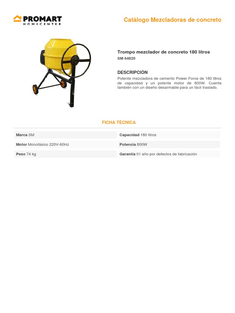 Trompo Mezclador Concreto Bauker Electrico 850w 1 14 HP 210l