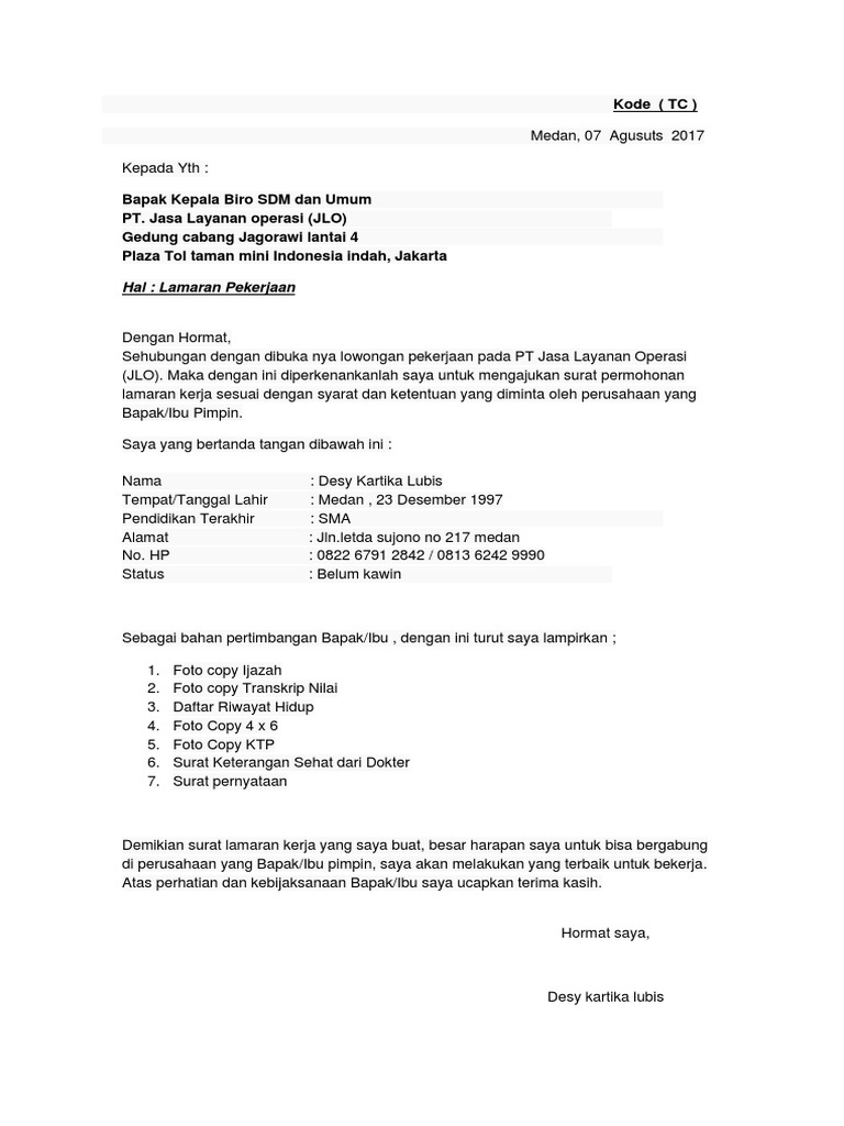 Contoh Surat Lamaran Kerja