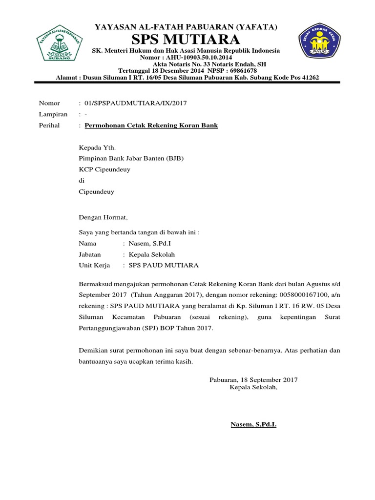 Surat Permohonan Pembuatan Rekening Koran