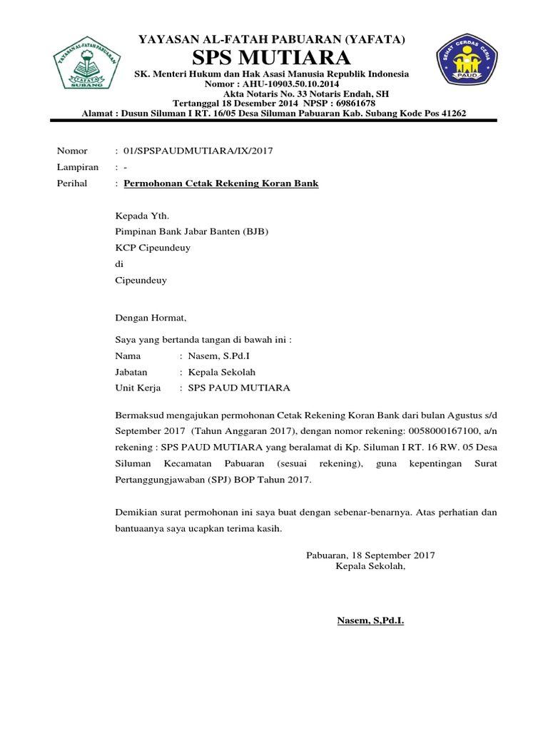 Surat Permohonan Pembuatan Rekening Koran