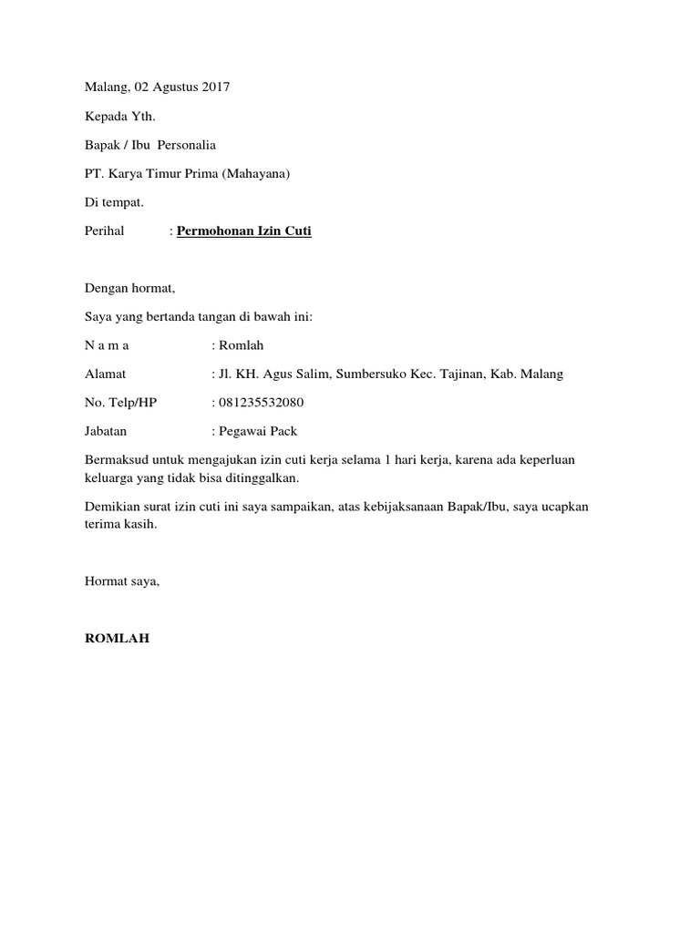Contoh Surat Izin Cuti Kerja - Aneka Macam Contoh