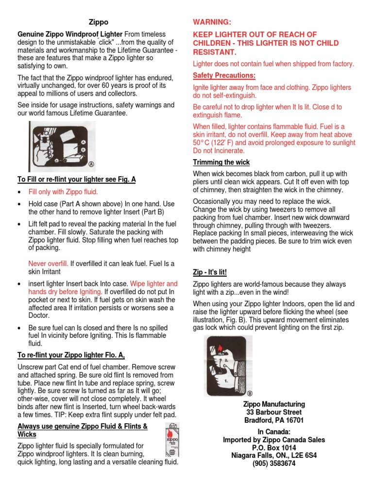 cigarette lighter refill safety regulations 1999 Zippo Lighter Usage and Filling Guide | PDF | Fires