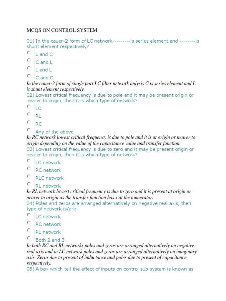 Mcqs On Control System PDF Control Theory Control System