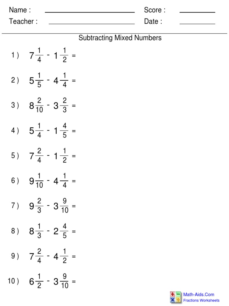 Subtract Mixed Numbers | Pdf | Fraction (Mathematics) | Division (Mathematics)