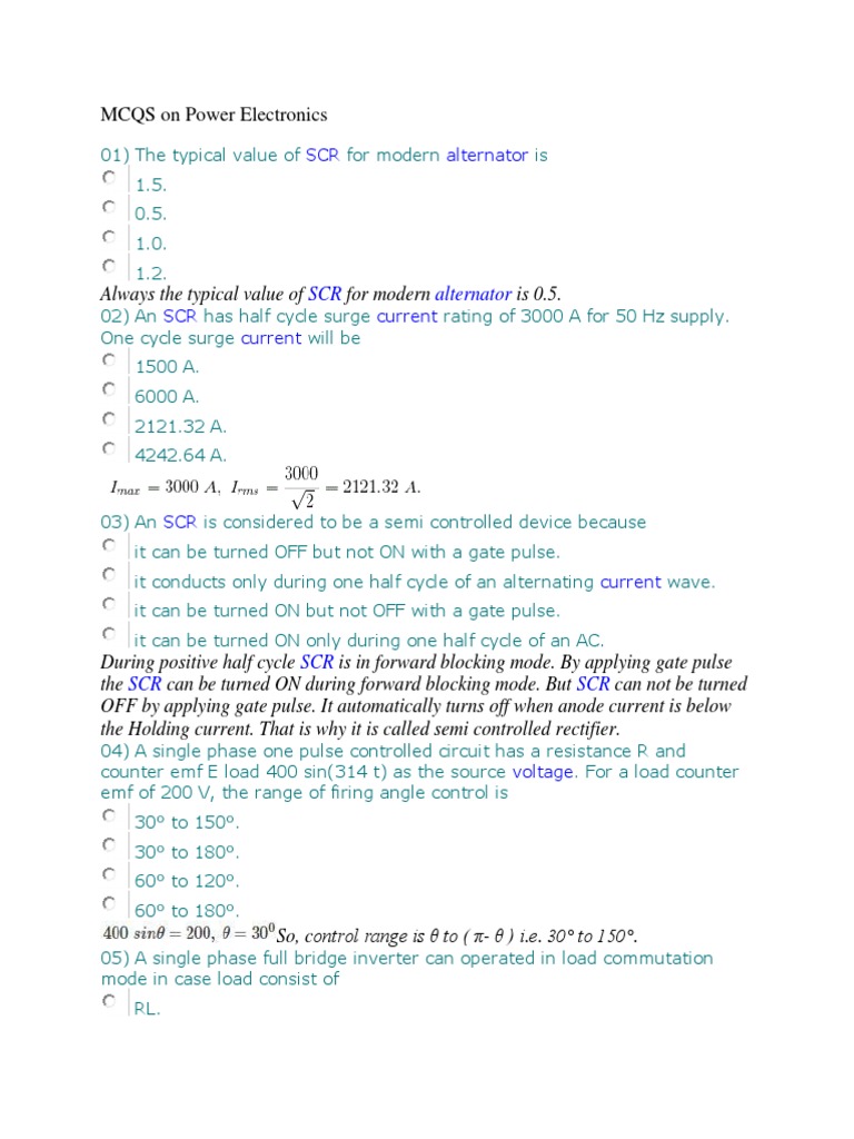 MCQS On Power Electronics 1 PDF Power Electronics Force