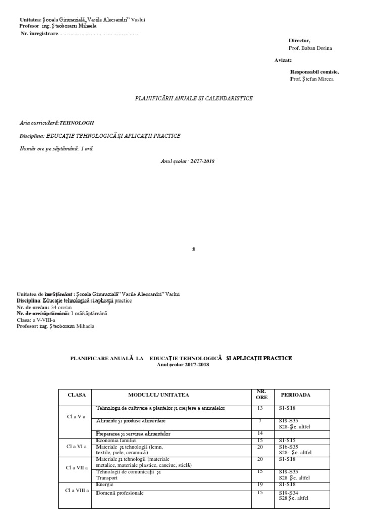 Planificare Anuala Educatie Tehnologica Clasa A Viii A