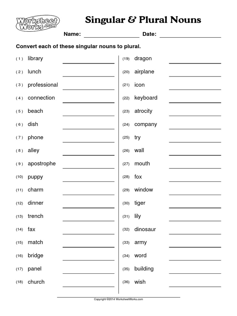 WorksheetWorks Singular Plural Nouns 1 PDF Plural Language Mechanics