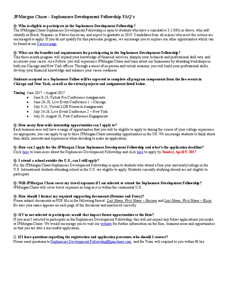 Chase Sophomore Development Fellowship Faq'S Careers Page