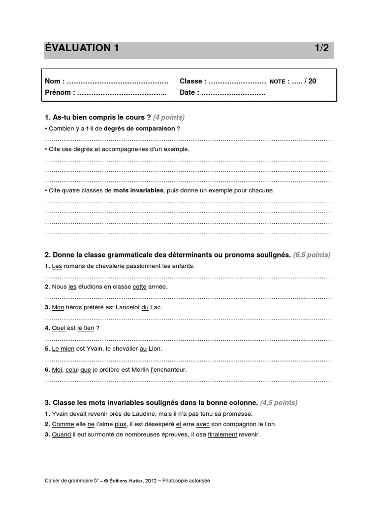 évaluation Français 5ème à Imprimer Cahier de Grammaire 5e Evaluations PDF | PDF | Syntaxe | Morphologie  linguistique