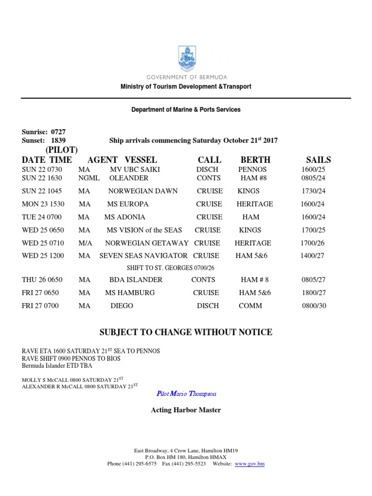 (Pilot) Date Time Agent Vessel Call Berth Sails | PDF | Travel