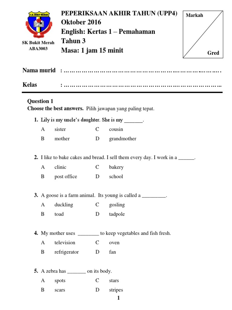 Soalan Pat Bahasa Inggeris Tahun 4 - Download Oliv