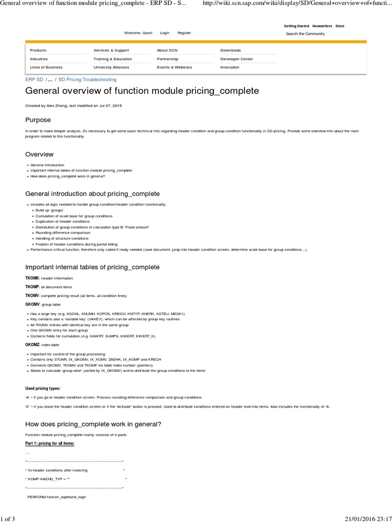 General Overview of Function Module Pricing Complete ERP SD SCN