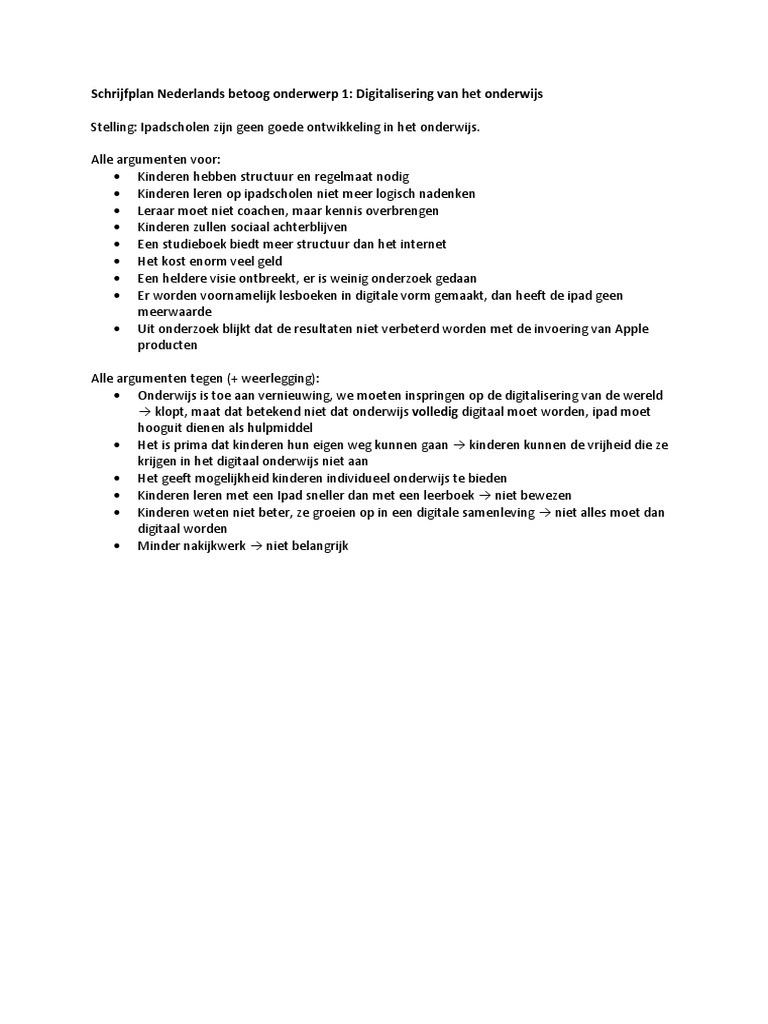 Schrijfplan Nederlands Betoog Onderwerp 1 Pdf