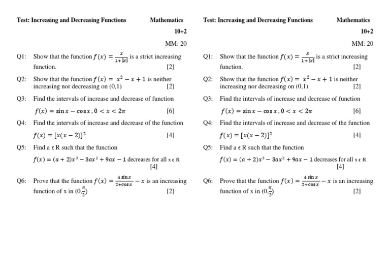 Test: Increasing and Decreasing Functions Mathematics 10+2 Test ...