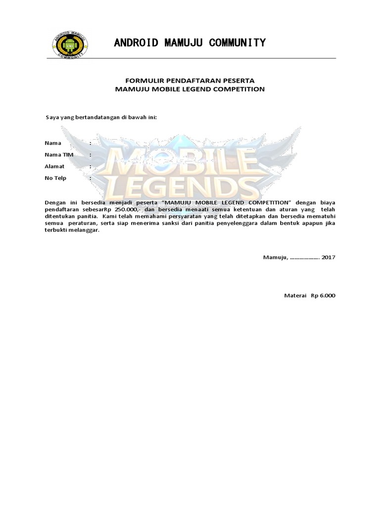 Formulir Pendaftaran Lomba Mobile Legend