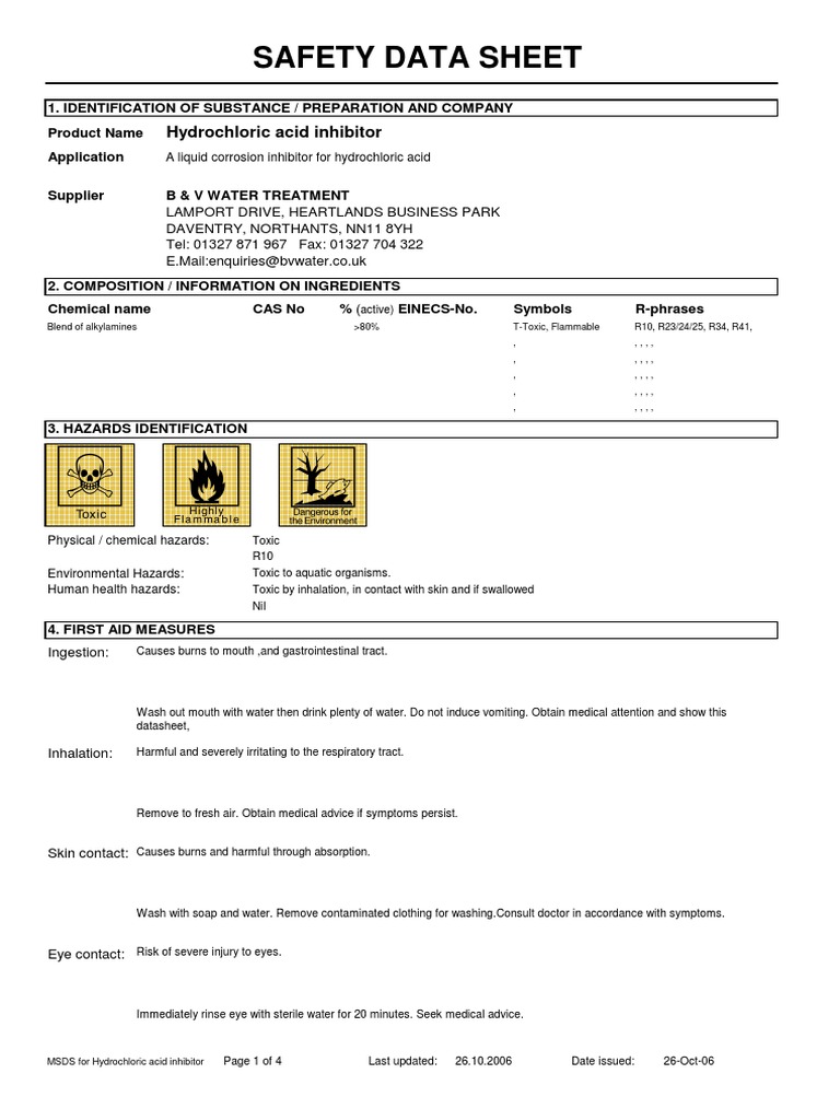 SDS Hydrochloric Acid Inhibitor PDF Chemical Substances Chemistry