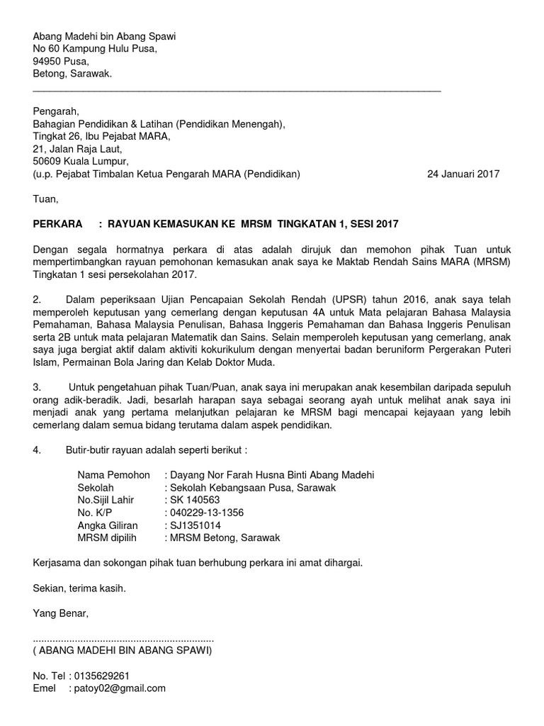 Surat Rayuan Mrsm Pdf