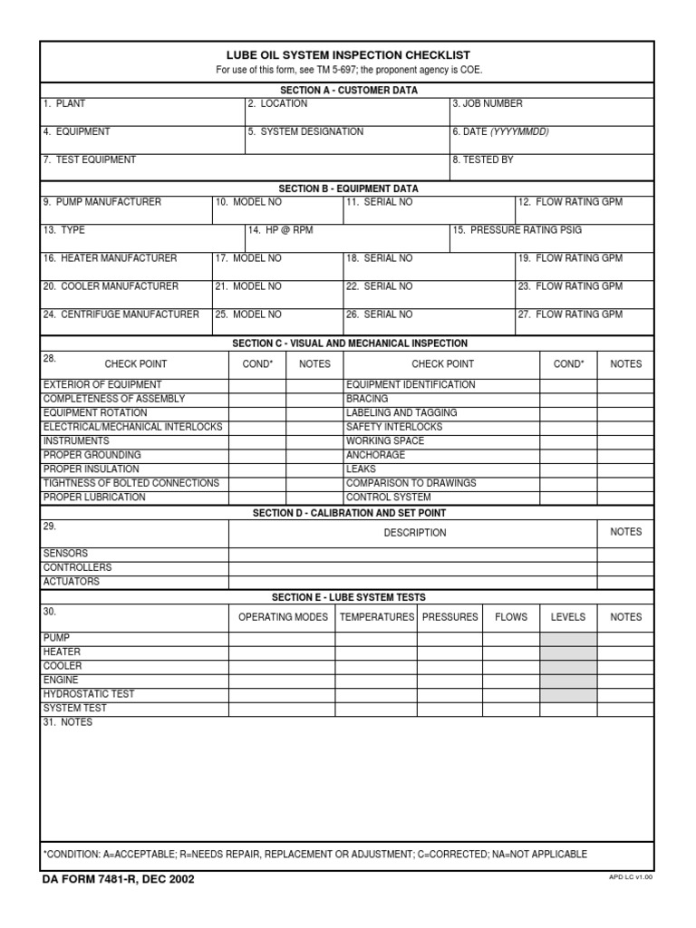 Lube Oil System Inspection Checklist Section A Customer Data PDF