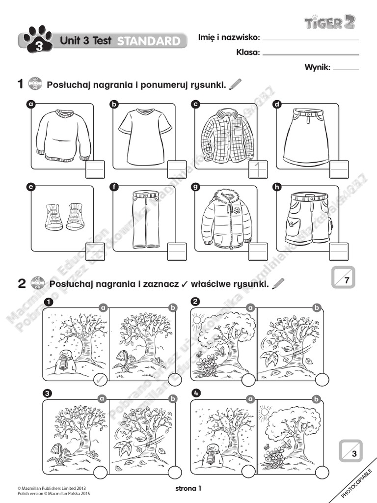 Sprawdziany Tiger 1 Testy Pdf Tiger 2 Unit 3 Test Standard | PDF
