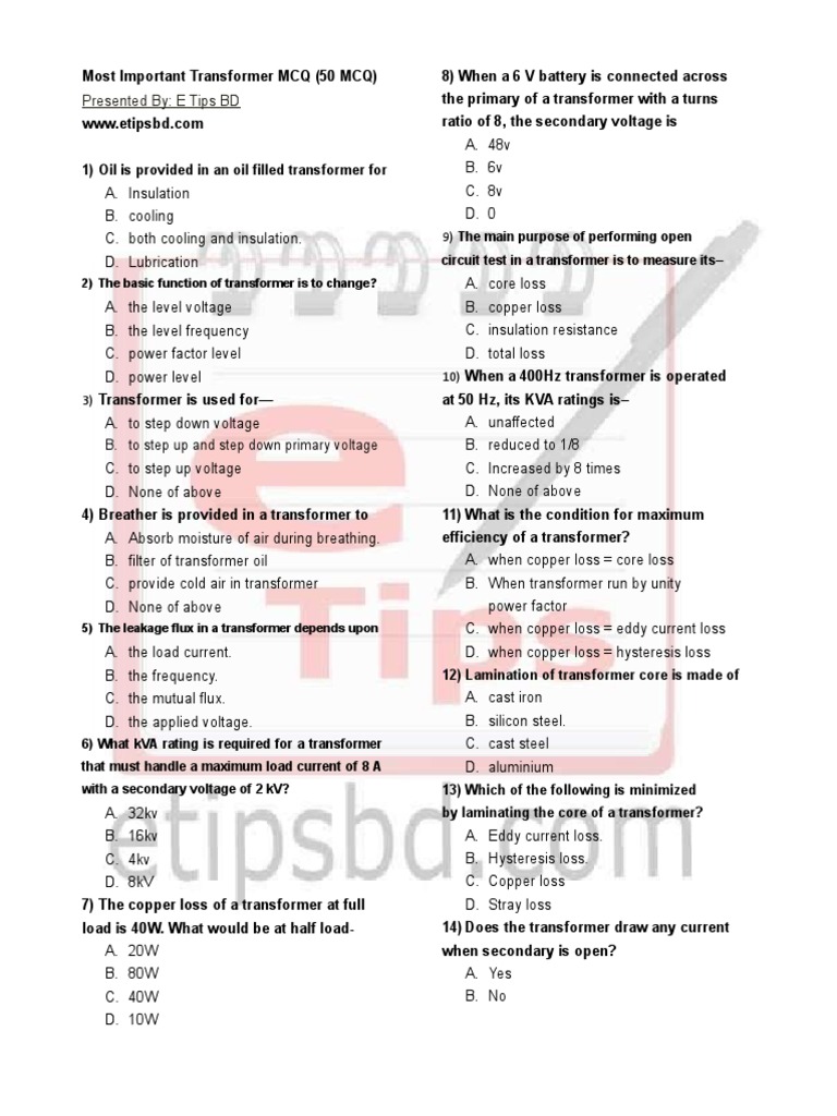 Important Transformer MCQs and Answers | PDF | Transformer | Electrical ...