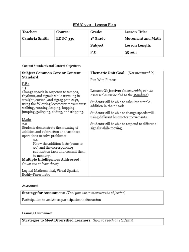 P E Lesson Plan 1 Pdf Lesson Plan Physical Education