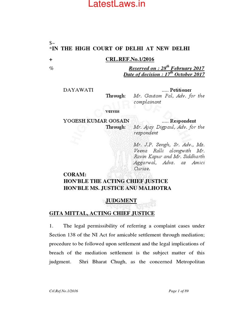 Judgement on Mediation in Cheque Bounce Cases Under Section 138 NI Act