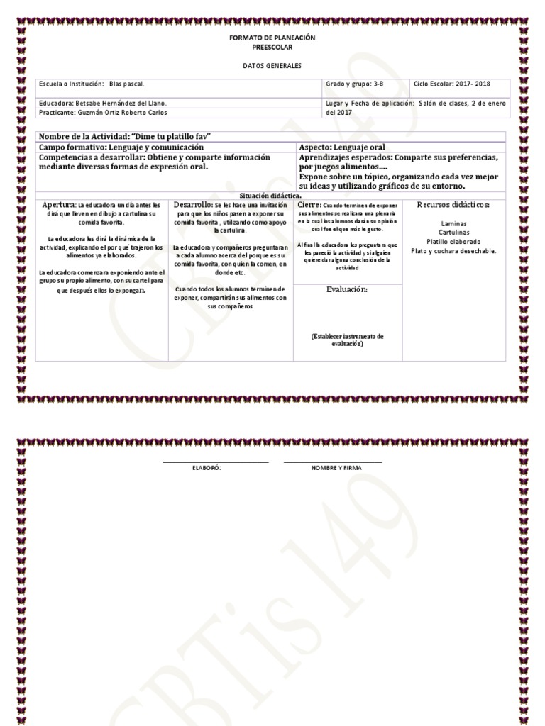 Formato de Planeacion Preescolar | Jardín de infancia | Comunicación