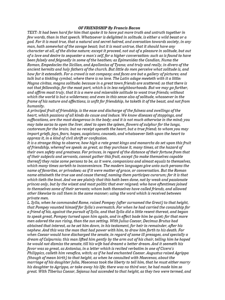 What Is The Theme Of The Essay Of Friendship By Francis Bacon