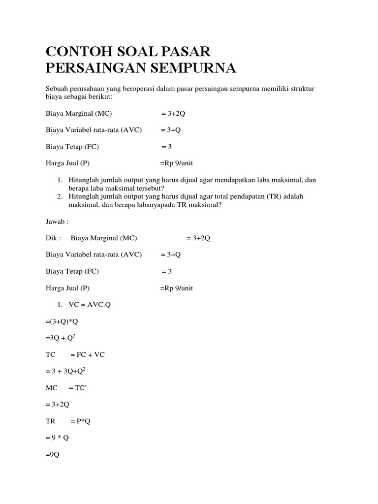 Pertanyaan Tentang Pasar Persaingan Sempurna